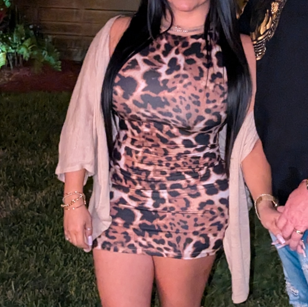 Leopard Print Mini Dress with Beige Cardigan